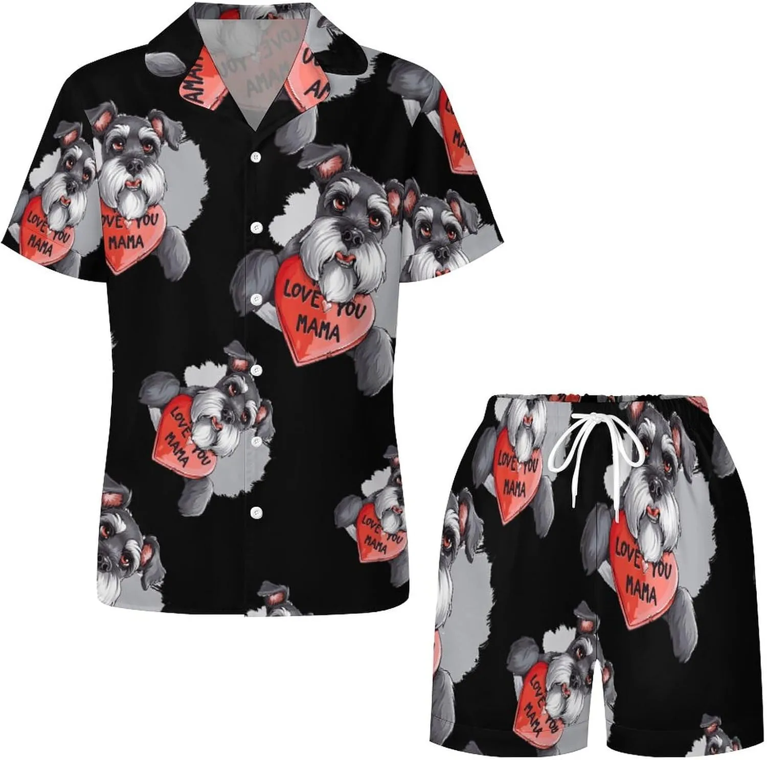 Schnauzer Dog Women's Satin Pajama Set Short Sleeve Button Down Sleepwear Loungewear Pj Set