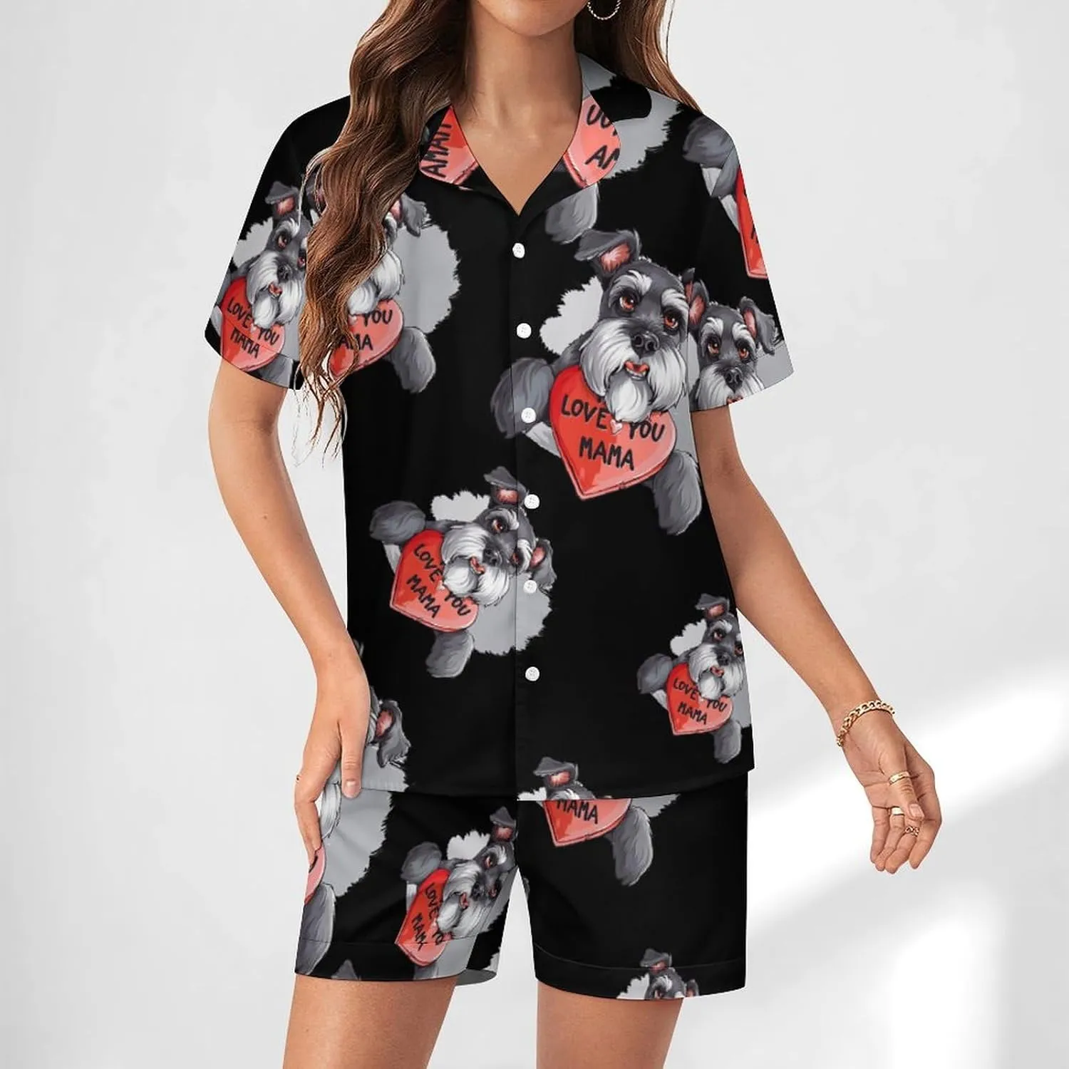 Schnauzer Dog Women's Satin Pajama Set Short Sleeve Button Down Sleepwear Loungewear Pj Set