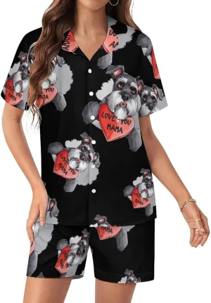 Schnauzer Dog Women's Satin Pajama Set Short Sleeve Button Down Sleepwear Loungewear Pj Set