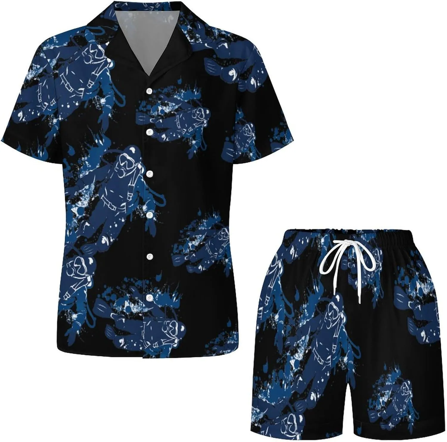 Scuba Diving Under Water Diver Women's Satin Pajama Set Short Sleeve Button Down Sleepwear Loungewear Pj Set