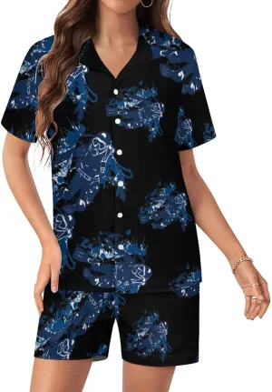 Scuba Diving Under Water Diver Women's Satin Pajama Set Short Sleeve Button Down Sleepwear Loungewear Pj Set