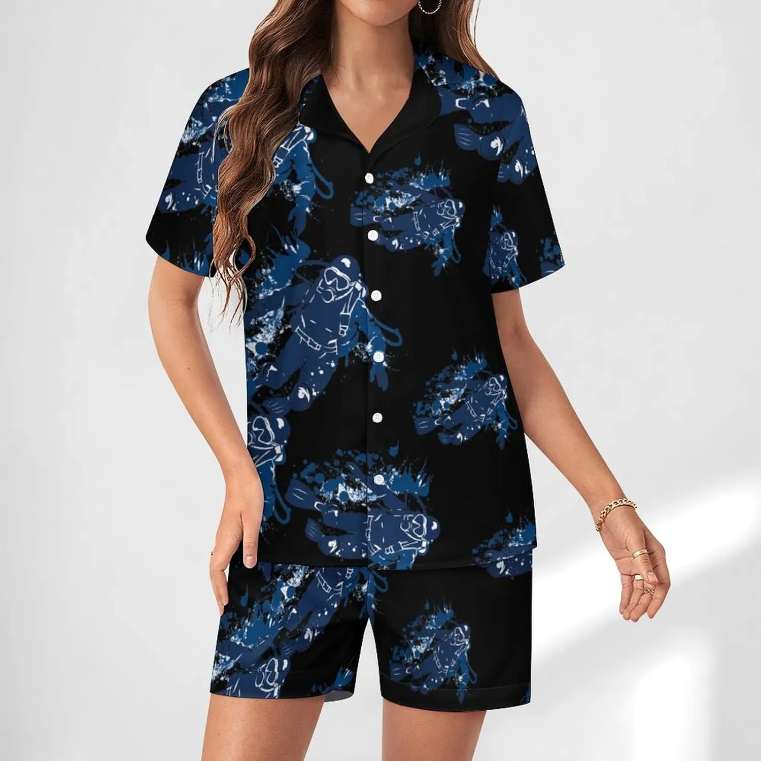 Scuba Diving Under Water Diver Women's Satin Pajama Set Short Sleeve Button Down Sleepwear Loungewear Pj Set