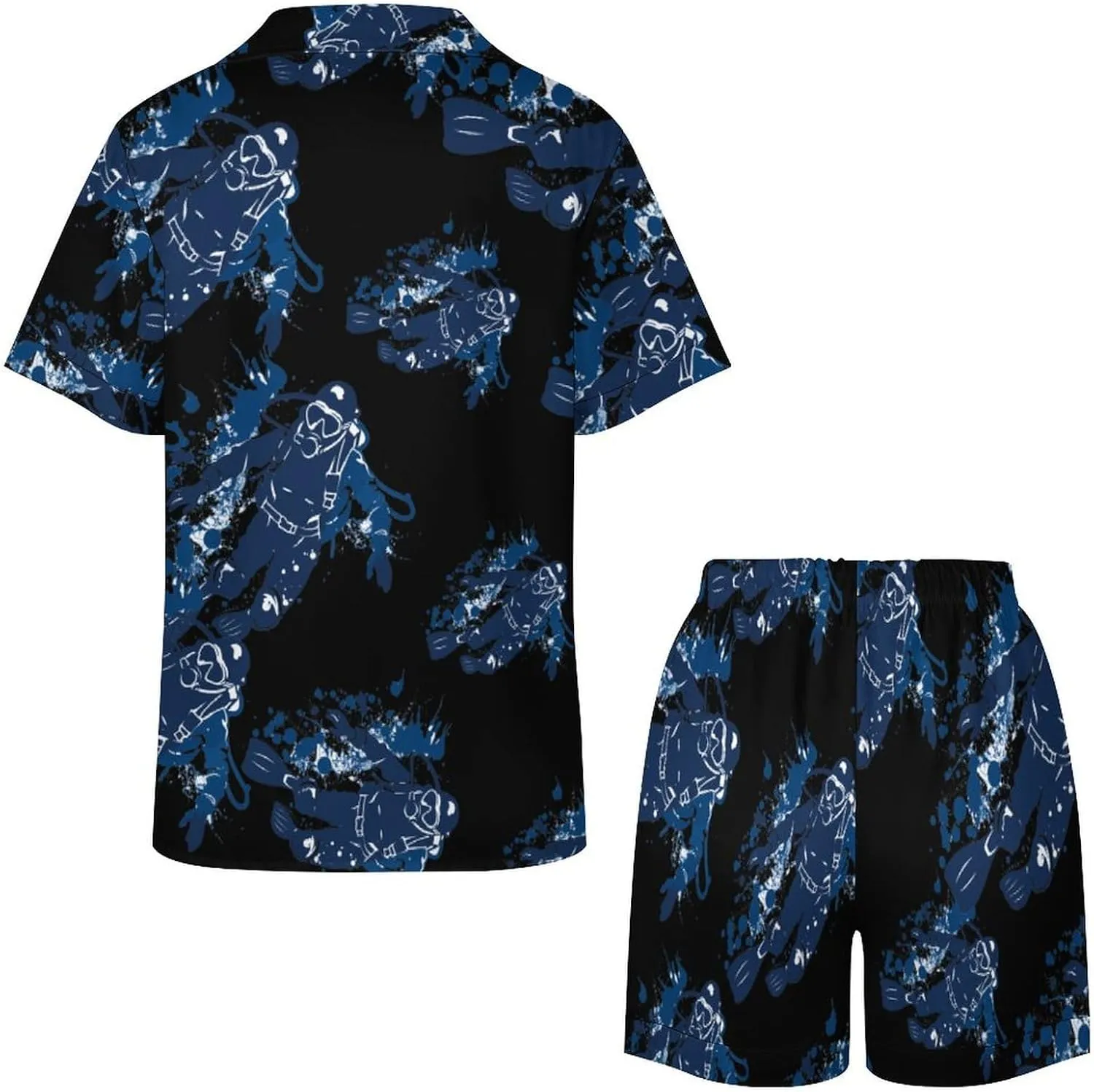 Scuba Diving Under Water Diver Women's Satin Pajama Set Short Sleeve Button Down Sleepwear Loungewear Pj Set
