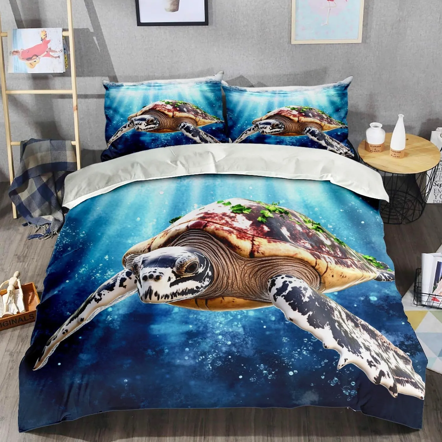 Sea Turtle Comforter Set,Ocean Sea Turtle Bedding Set for Kids Teens- Sea Turtle Bedding Set-Leatherback Turtle in The Twilight Zone- Bed Set with 2 Pillowcases for Kids Room Decor 2nOGSI