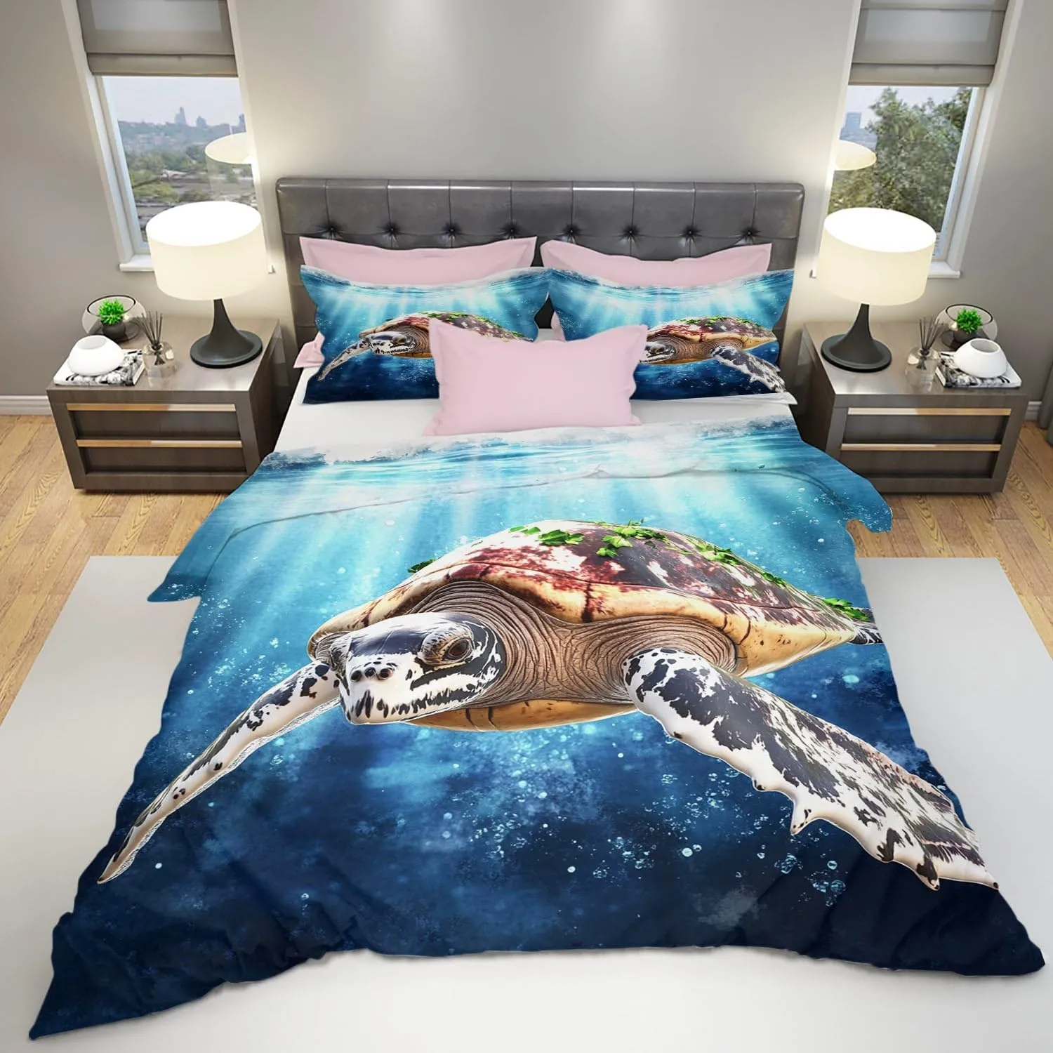 Sea Turtle Comforter Set,Ocean Sea Turtle Bedding Set for Kids Teens- Sea Turtle Bedding Set-Leatherback Turtle in The Twilight Zone- Bed Set with 2 Pillowcases for Kids Room Decor 2nOGSI