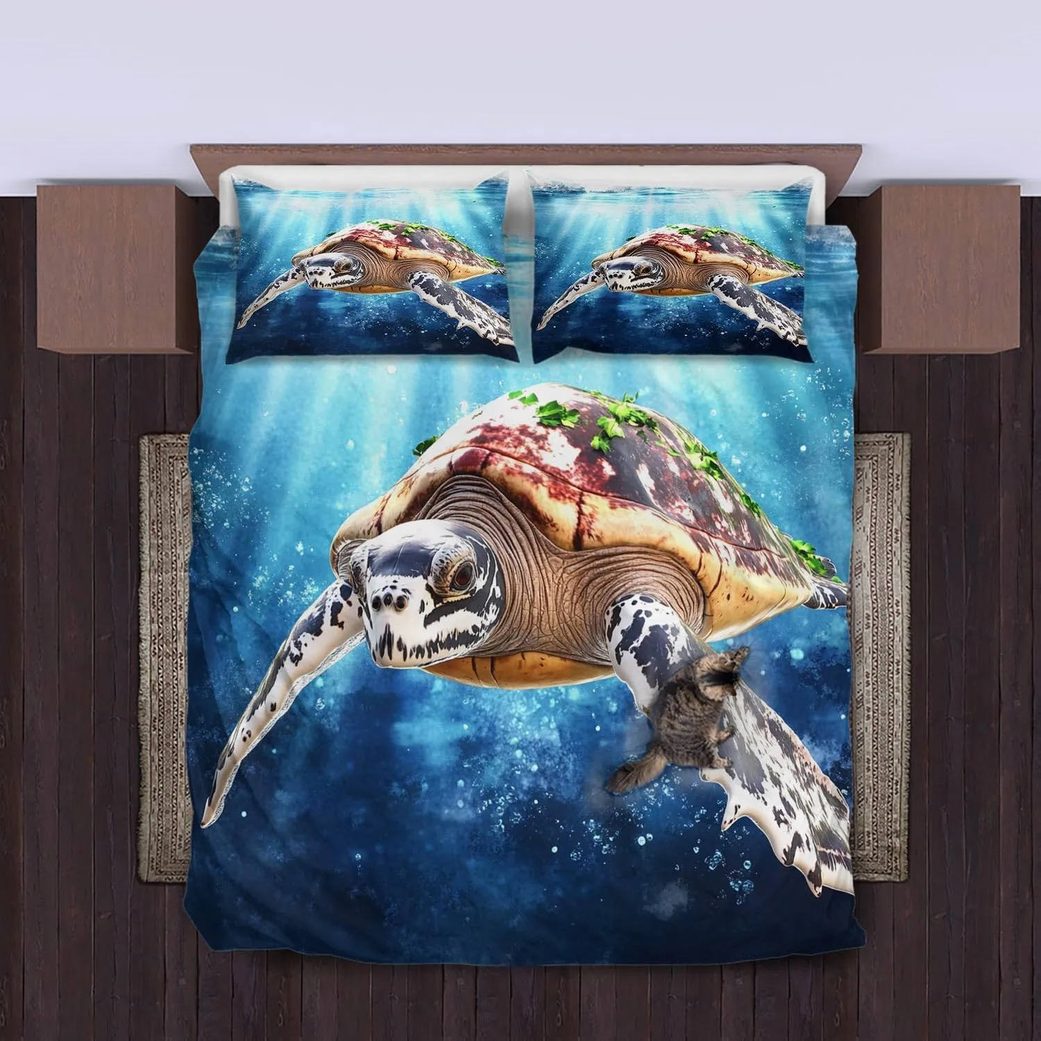 Sea Turtle Comforter Set,Ocean Sea Turtle Bedding Set for Kids Teens- Sea Turtle Bedding Set-Leatherback Turtle in The Twilight Zone- Bed Set with 2 Pillowcases for Kids Room Decor 2nOGSI