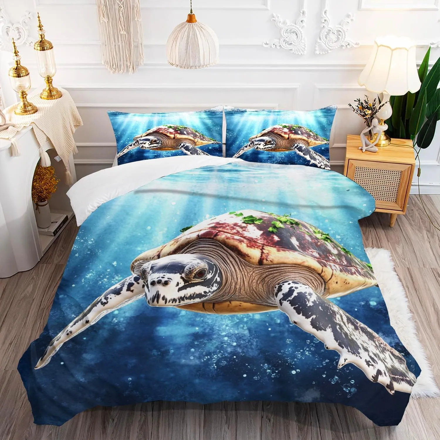 Sea Turtle Comforter Set,Ocean Sea Turtle Bedding Set for Kids Teens- Sea Turtle Bedding Set-Leatherback Turtle in The Twilight Zone- Bed Set with 2 Pillowcases for Kids Room Decor 2nOGSI
