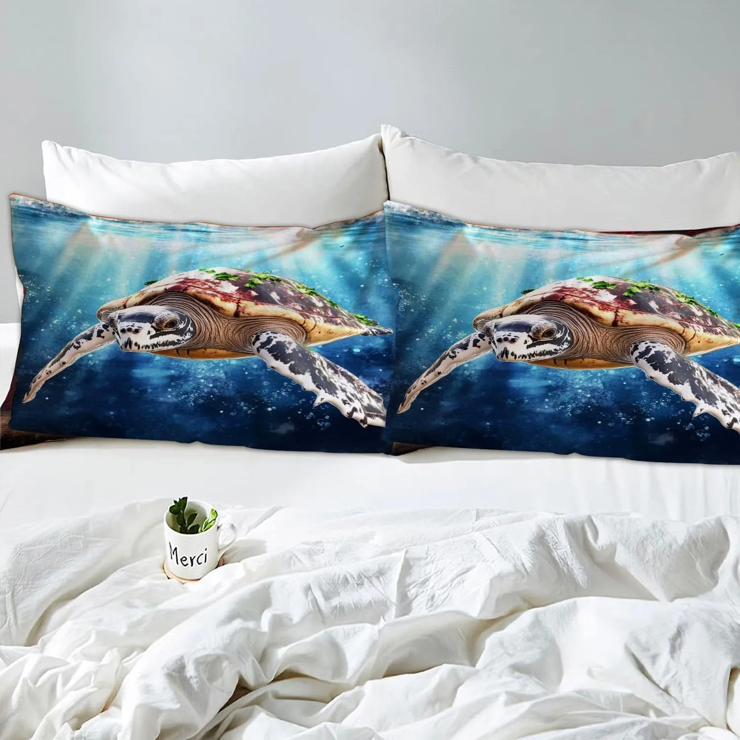 Sea Turtle Comforter Set,Ocean Sea Turtle Bedding Set for Kids Teens- Sea Turtle Bedding Set-Leatherback Turtle in The Twilight Zone- Bed Set with 2 Pillowcases for Kids Room Decor 2nOGSI