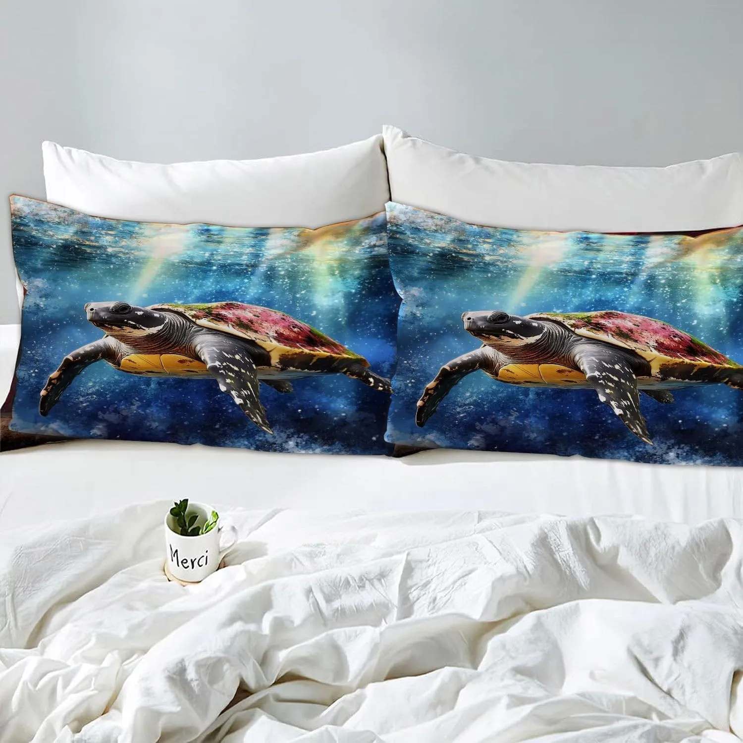 Sea Turtle Comforter Set,Ocean Sea Turtle Bedding Set for Kids Teens- Sea Turtle Bedding Set-Leatherback Turtle in The Twilight Zone- Bed Set with 2 Pillowcases for Kids Room Decor xvpa7b