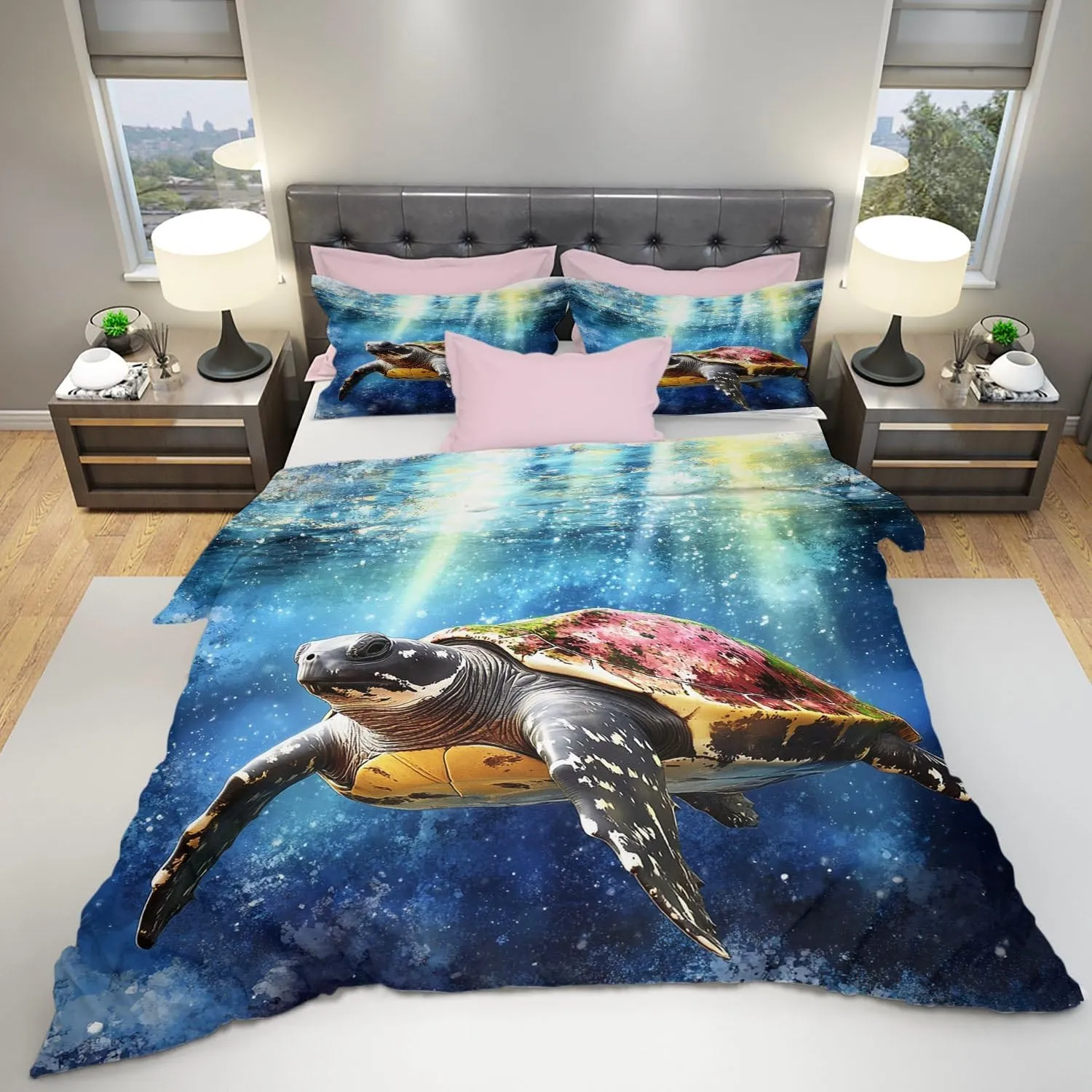 Sea Turtle Comforter Set,Ocean Sea Turtle Bedding Set for Kids Teens- Sea Turtle Bedding Set-Leatherback Turtle in The Twilight Zone- Bed Set with 2 Pillowcases for Kids Room Decor xvpa7b