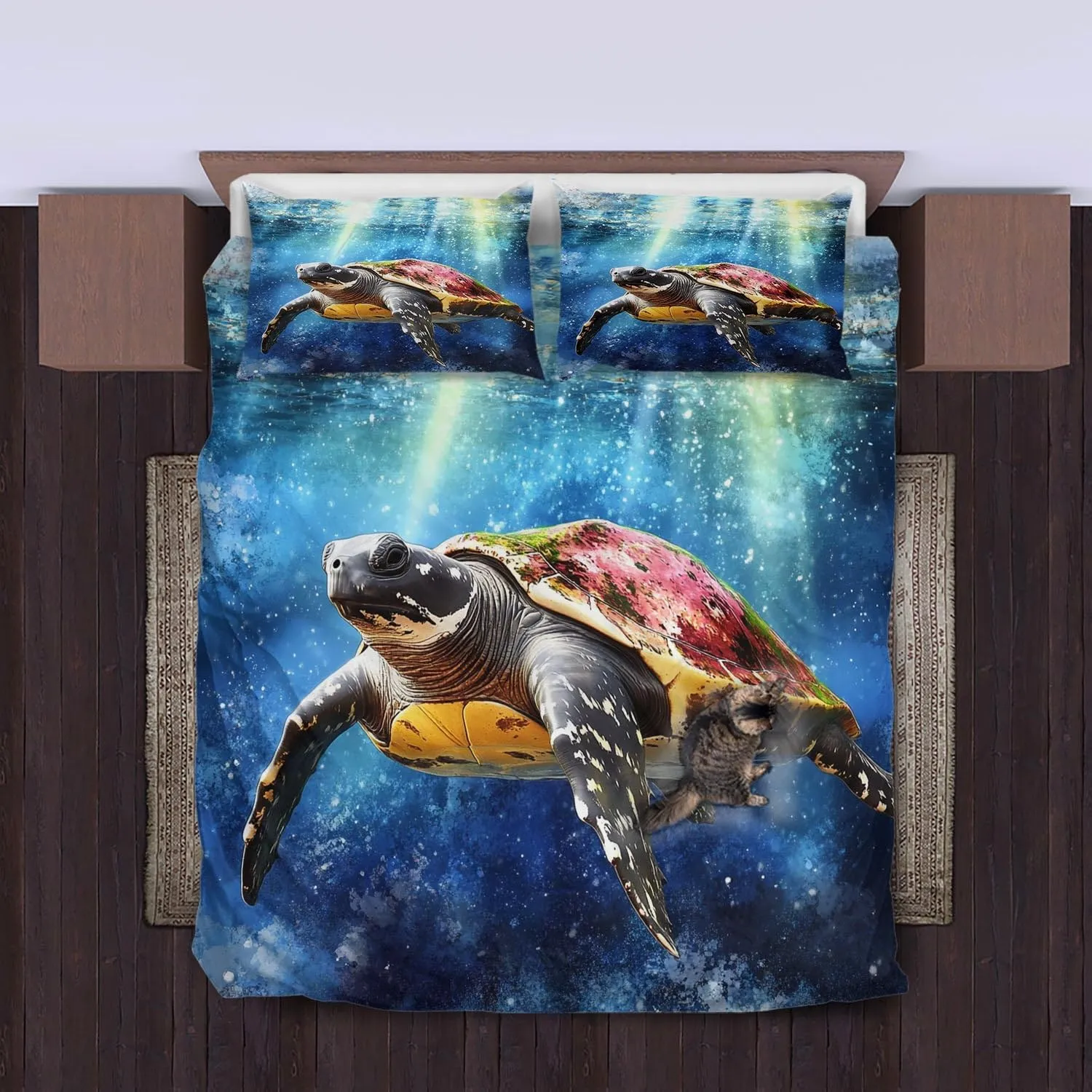 Sea Turtle Comforter Set,Ocean Sea Turtle Bedding Set for Kids Teens- Sea Turtle Bedding Set-Leatherback Turtle in The Twilight Zone- Bed Set with 2 Pillowcases for Kids Room Decor xvpa7b