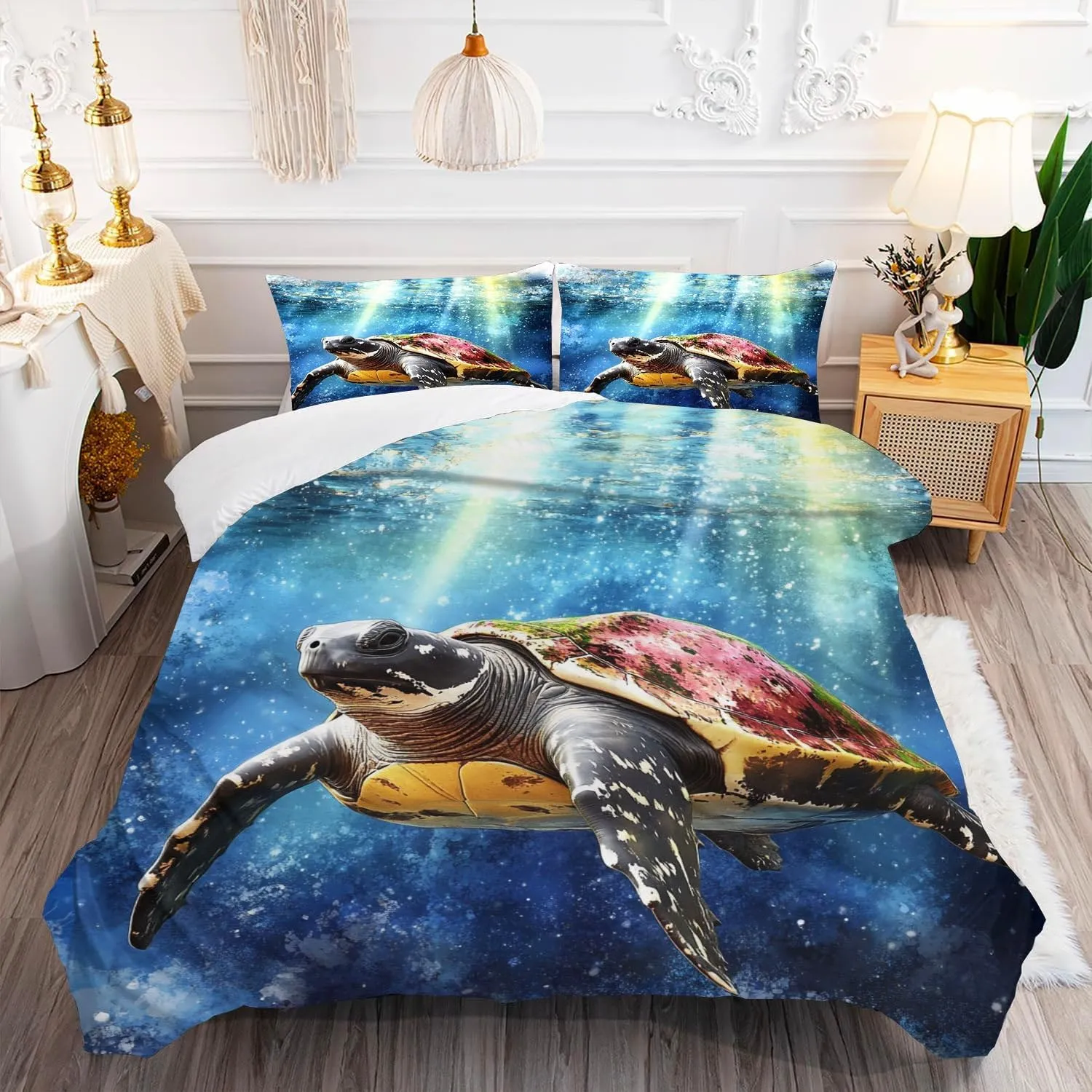 Sea Turtle Comforter Set,Ocean Sea Turtle Bedding Set for Kids Teens- Sea Turtle Bedding Set-Leatherback Turtle in The Twilight Zone- Bed Set with 2 Pillowcases for Kids Room Decor xvpa7b