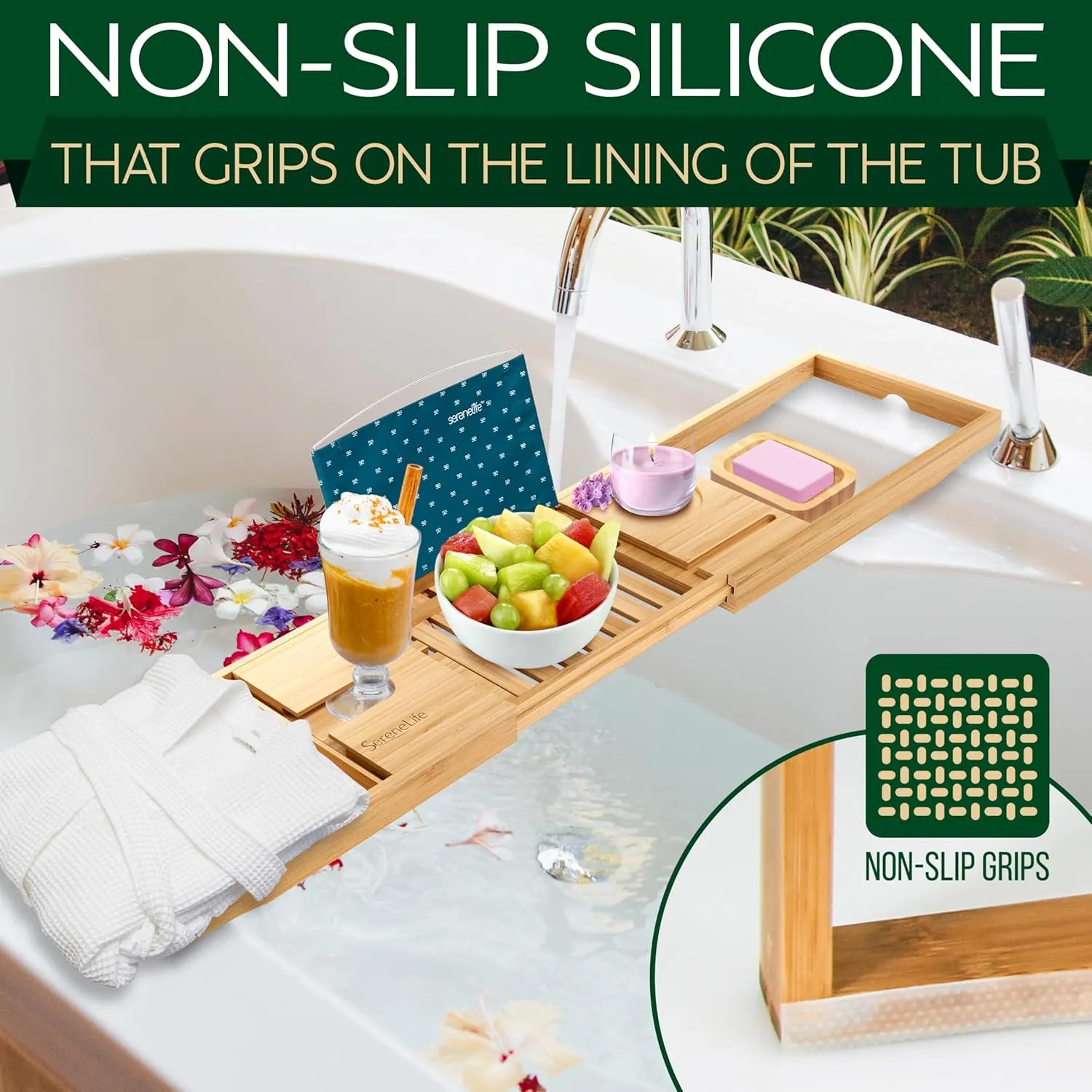 SereneLife Bathtub Tray - Expandable Bath Tray for Tub, Adjustable Bamboo Caddy with with Non-Slip Handles, Device Holder and Wine Glass Slot for Bathing Luxury (Standard, Soft Back, Gift Set)