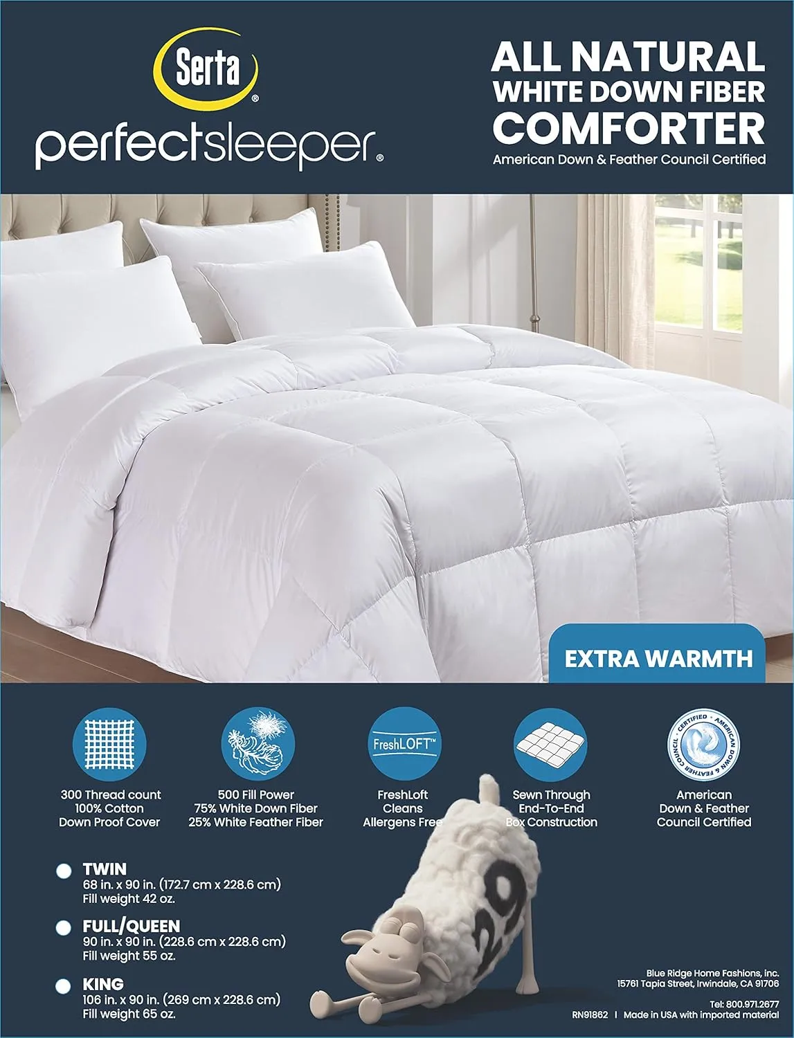 Serta Down Fiber Comforter Queen Size-Extra Warmth Duvet Insert, Luxury Fluffy Bed Comforter 100% Cotton 300 Thread Count Shell, Down Feather Fiber 500 Fill Power with Corner Taps, White 90x90inch