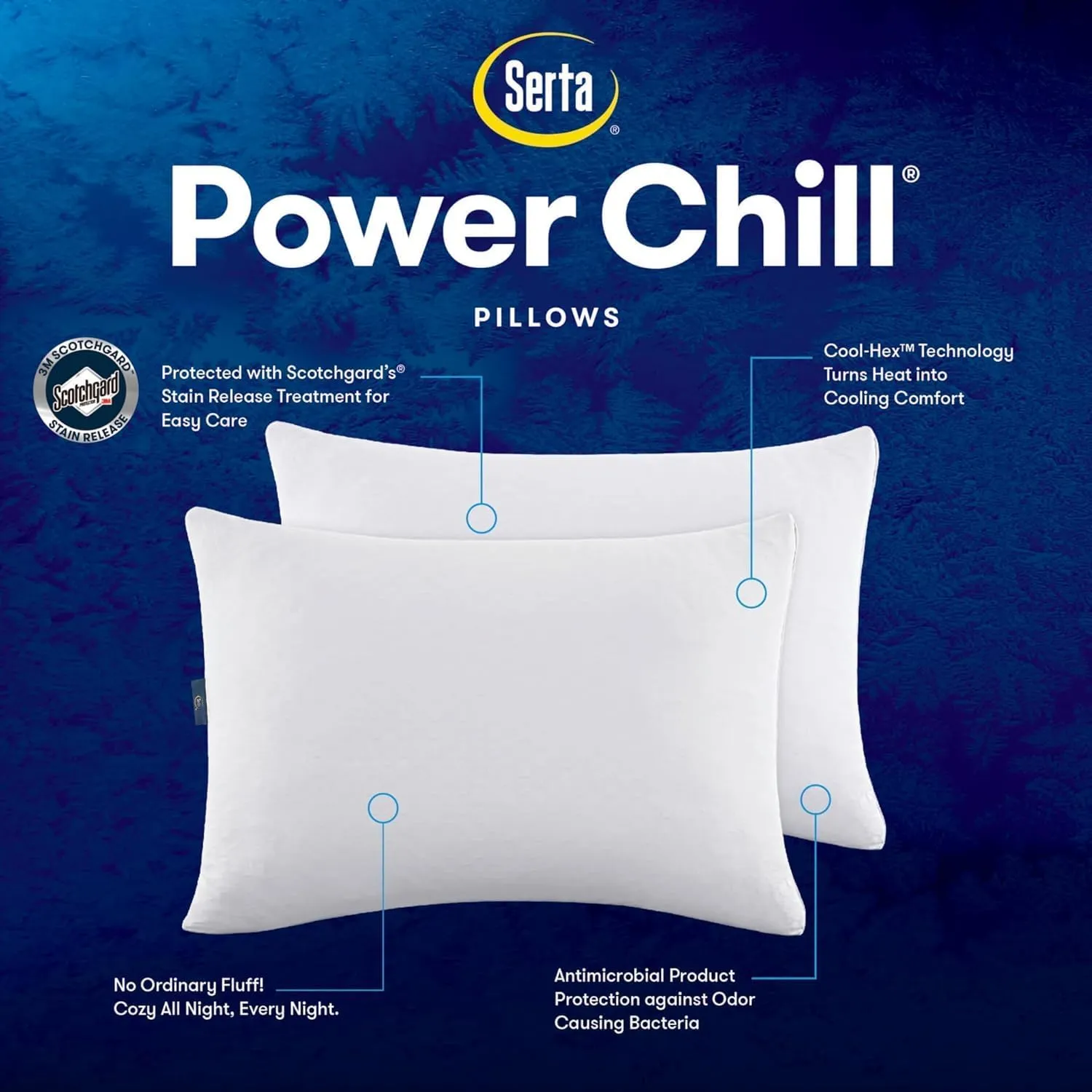 Serta Power Chill Cooling Soft/Medium Down Alternative Bed Pillows for Side, Stomach or Back Sleepers (2 Pack), Queen, White