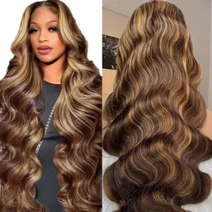 SFD Ombre Lace Front Wig Human Hair 200% Density Blonde Highlight Wig Human Hair Pre Plucked 4/27 Highlight Lace Front Wigs 13x4 HD Lace Ombre Blonde Wigs Body Wave 26Inch