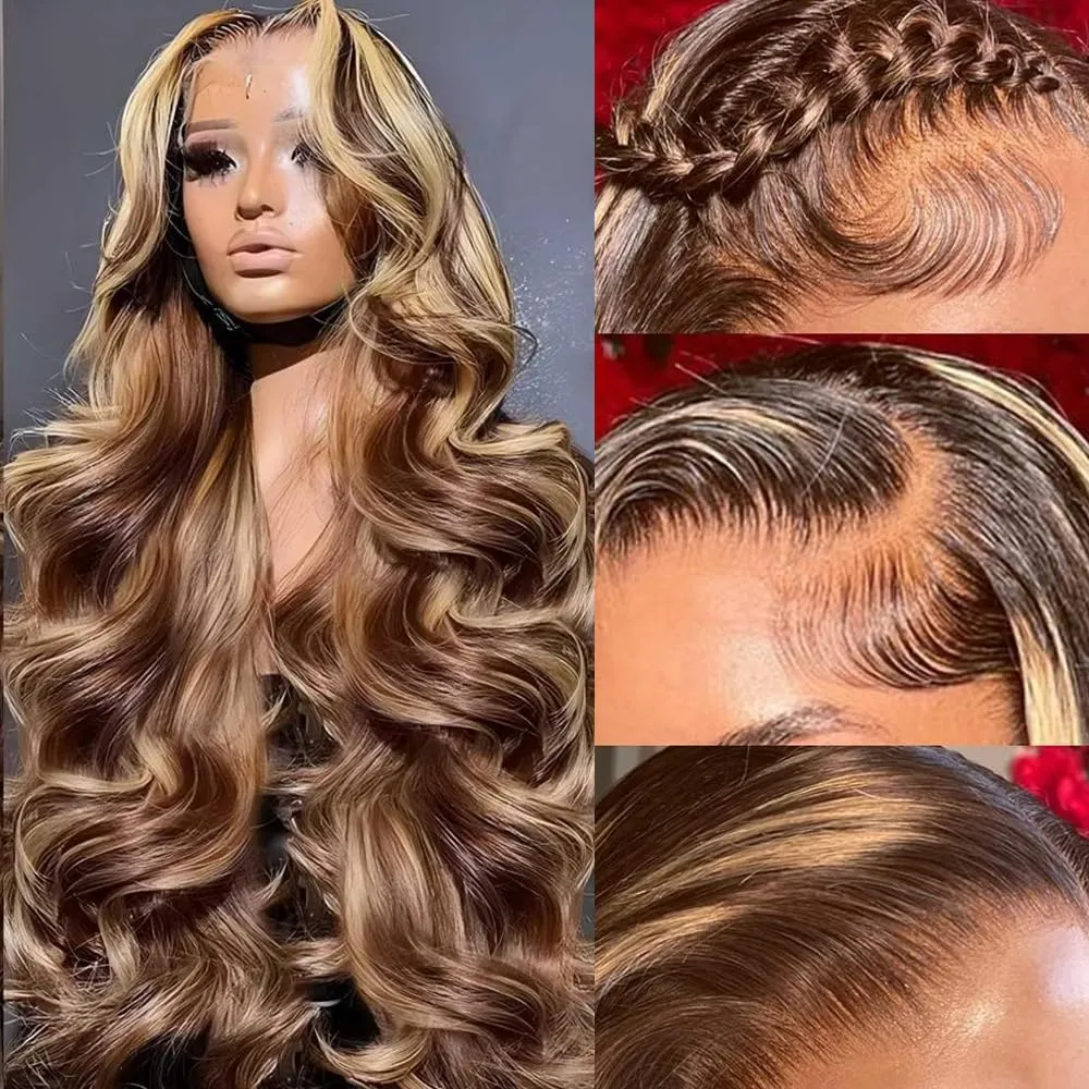 SFD Ombre Lace Front Wig Human Hair 200% Density Blonde Highlight Wig Human Hair Pre Plucked 4/27 Highlight Lace Front Wigs 13x4 HD Lace Ombre Blonde Wigs Body Wave 26Inch