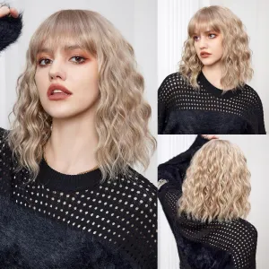 Short Blonde Bang Wig,Shoulder Length Bob Curly Wavy Wigs for Women, Charming Heat-resistant Synthetic Hair Wigs for Cosplay Party Daily Use