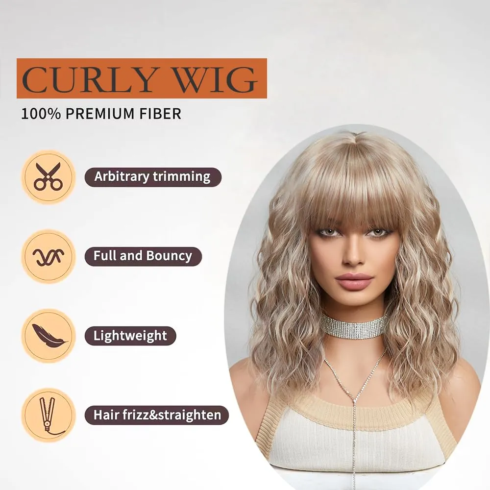 Short Blonde Bang Wig,Shoulder Length Bob Curly Wavy Wigs for Women, Charming Heat-resistant Synthetic Hair Wigs for Cosplay Party Daily Use