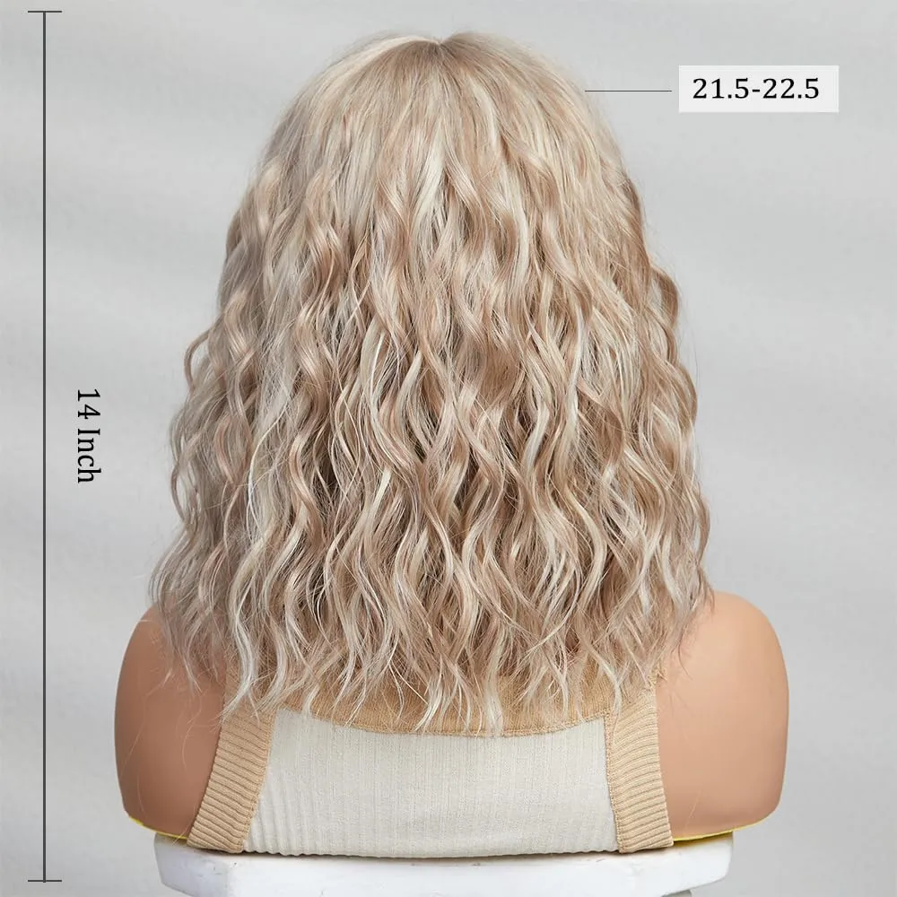 Short Blonde Bang Wig,Shoulder Length Bob Curly Wavy Wigs for Women, Charming Heat-resistant Synthetic Hair Wigs for Cosplay Party Daily Use