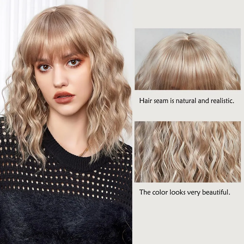 Short Blonde Bang Wig,Shoulder Length Bob Curly Wavy Wigs for Women, Charming Heat-resistant Synthetic Hair Wigs for Cosplay Party Daily Use