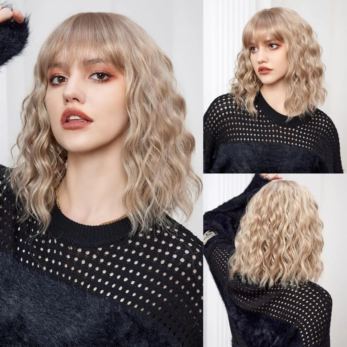 Short Blonde Bang Wig,Shoulder Length Bob Curly Wavy Wigs for Women, Charming Heat-resistant Synthetic Hair Wigs for Cosplay Party Daily Use
