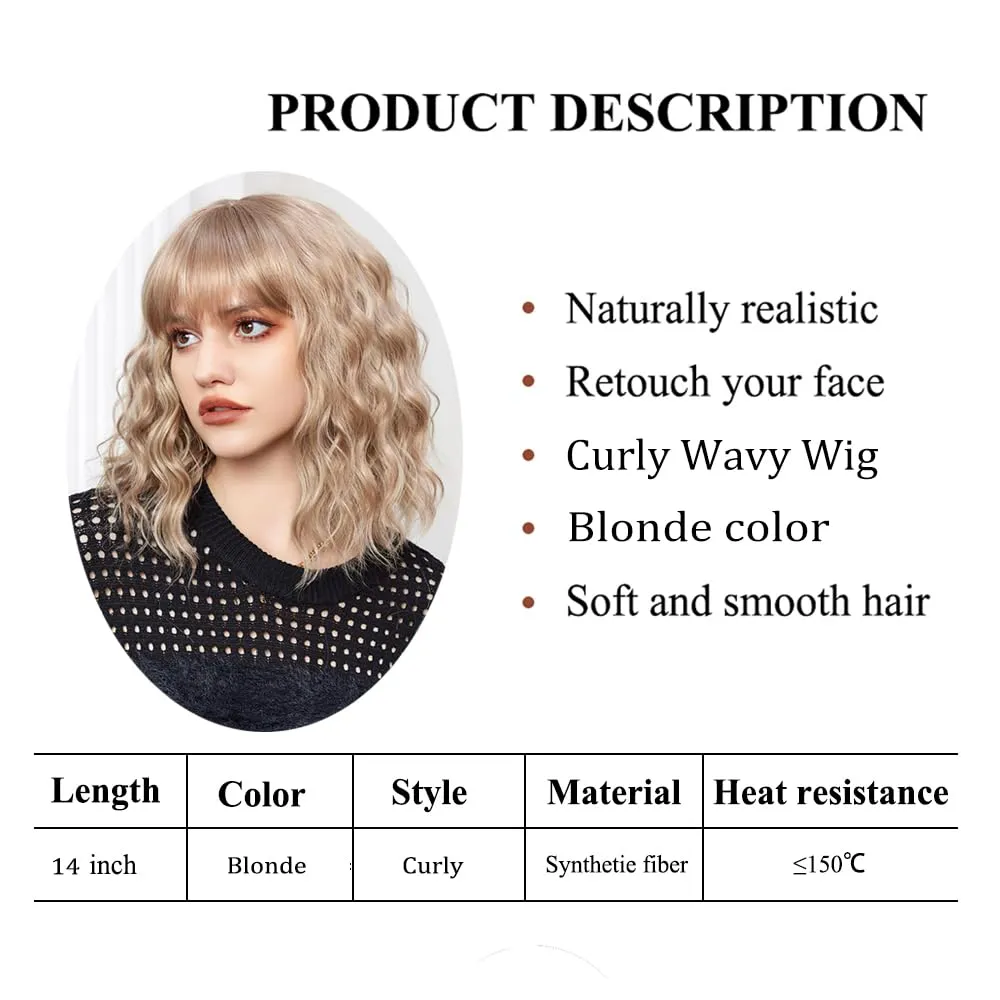 Short Blonde Bang Wig,Shoulder Length Bob Curly Wavy Wigs for Women, Charming Heat-resistant Synthetic Hair Wigs for Cosplay Party Daily Use