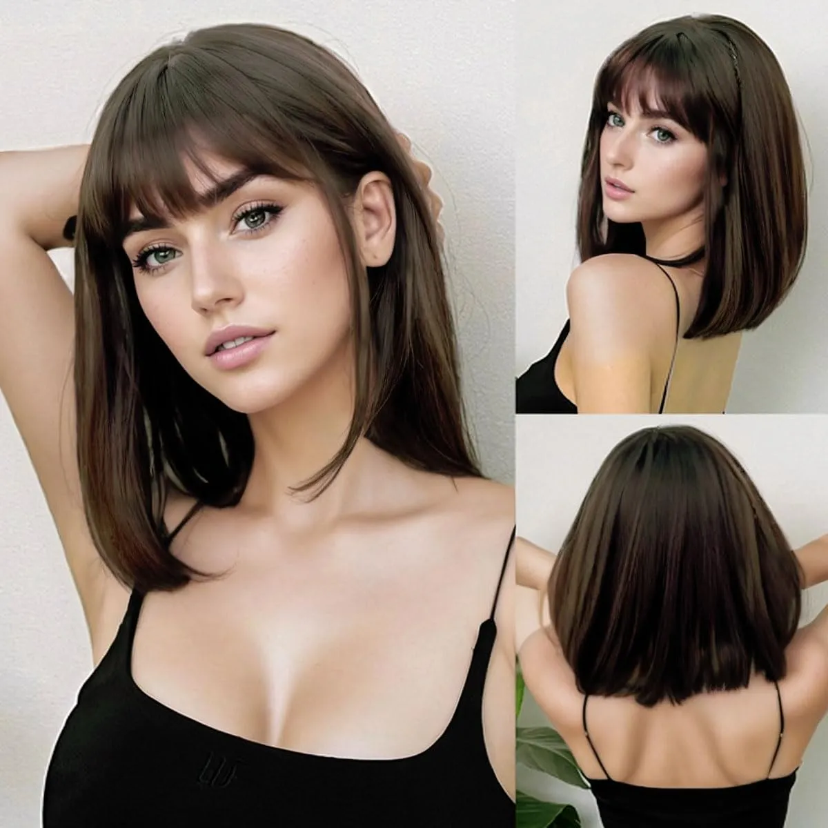 Short Brown Bob Wig with Bangs 15Inch Straight Hair Wig Natural Synthetic Wig for Women High Density Hair Wigs with Bangs Free Wig Cap (15Inch, Brown)