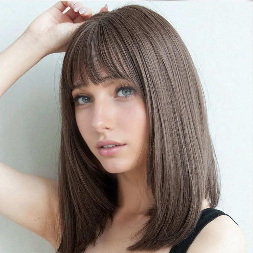 Short Brown Bob Wig with Bangs 15Inch Straight Hair Wig Natural Synthetic Wig for Women High Density Hair Wigs with Bangs Free Wig Cap (15Inch, Brown)