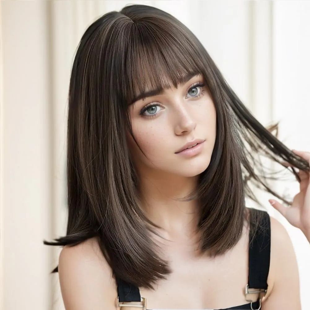 Short Brown Bob Wig with Bangs 15Inch Straight Hair Wig Natural Synthetic Wig for Women High Density Hair Wigs with Bangs Free Wig Cap (15Inch, Brown)