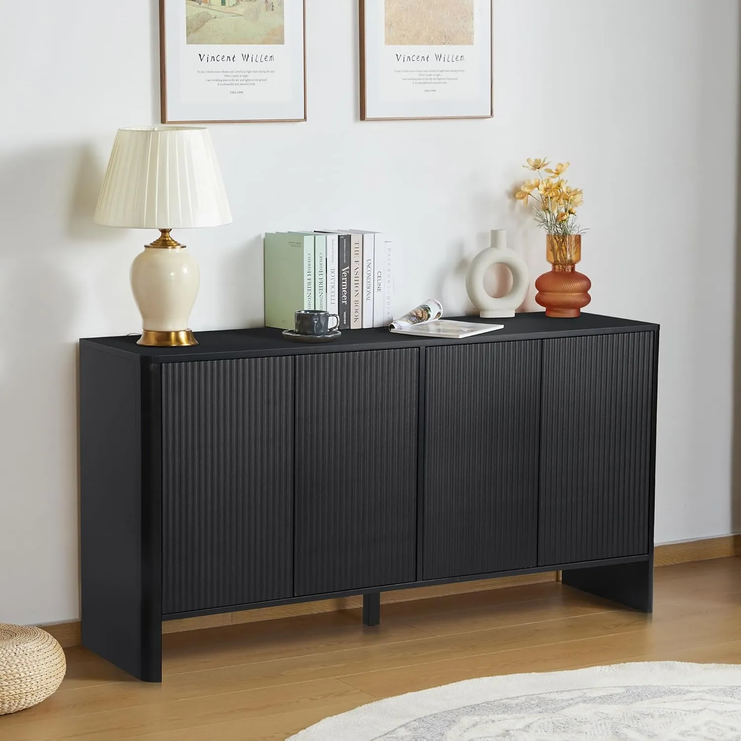 Sideboard Buffets Cabinet, Modern Accent Storage Cabinet with 4 Fluted Doors and Adjustable Shelves, Wood Credenza Buffet Sideboards, Console Table for Kitchen Dining Living Room Entryway (Black)