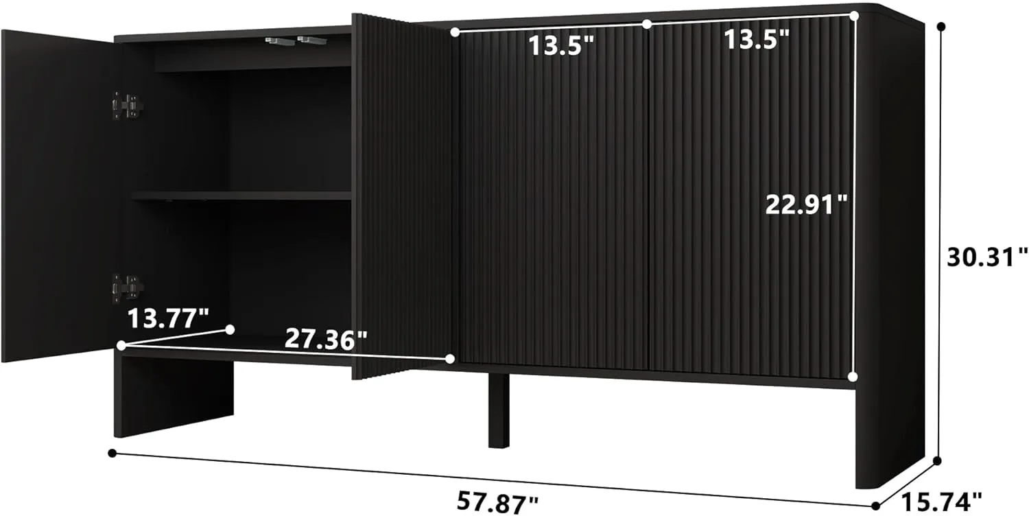 Sideboard Buffets Cabinet, Modern Accent Storage Cabinet with 4 Fluted Doors and Adjustable Shelves, Wood Credenza Buffet Sideboards, Console Table for Kitchen Dining Living Room Entryway (Black)