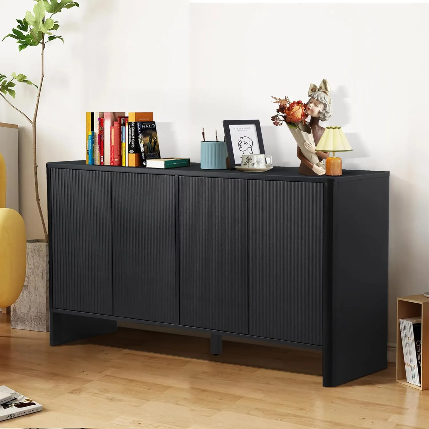 Sideboard Buffets Cabinet, Modern Accent Storage Cabinet with 4 Fluted Doors and Adjustable Shelves, Wood Credenza Buffet Sideboards, Console Table for Kitchen Dining Living Room Entryway (Black)