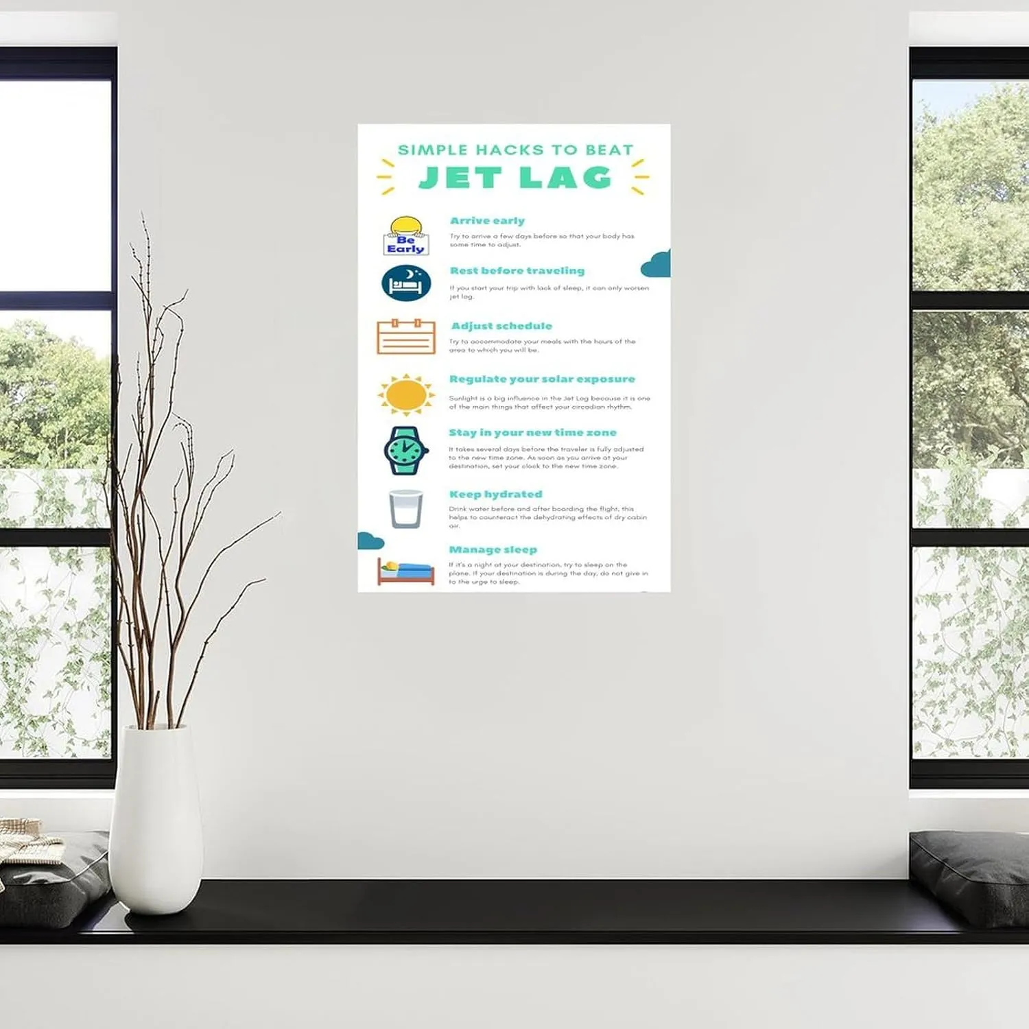 Simple Hacks To Beat Jet Lag Guide Infographic Art Poster Canvas Painting Posters And Prints Wall Art for Living Room Bedroom Decor 12x18inch(30x45cm) Unframe-style