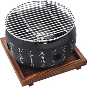 Single Alcohol BBQ Charcoal Stove, Portable Grill Round Food with Wire Mesh Wooden Base, Suitable for Camping, Backpacking, Picnic, L1