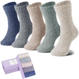 SISOSOCK 5 Pairs Fuzzy Cozy Warm Socks for Women Winter Wool Thick Casual Home Sleeping Soft Comfy Socks Gifts for Women