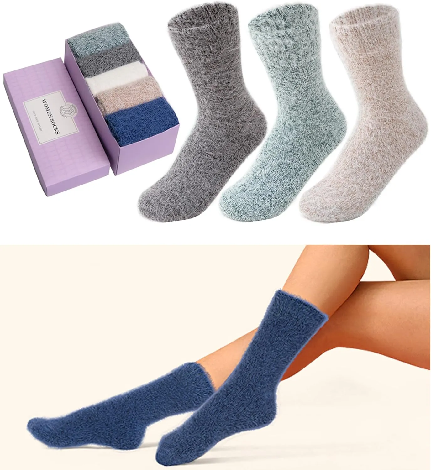 SISOSOCK 5 Pairs Fuzzy Cozy Warm Socks for Women Winter Wool Thick Casual Home Sleeping Soft Comfy Socks Gifts for Women