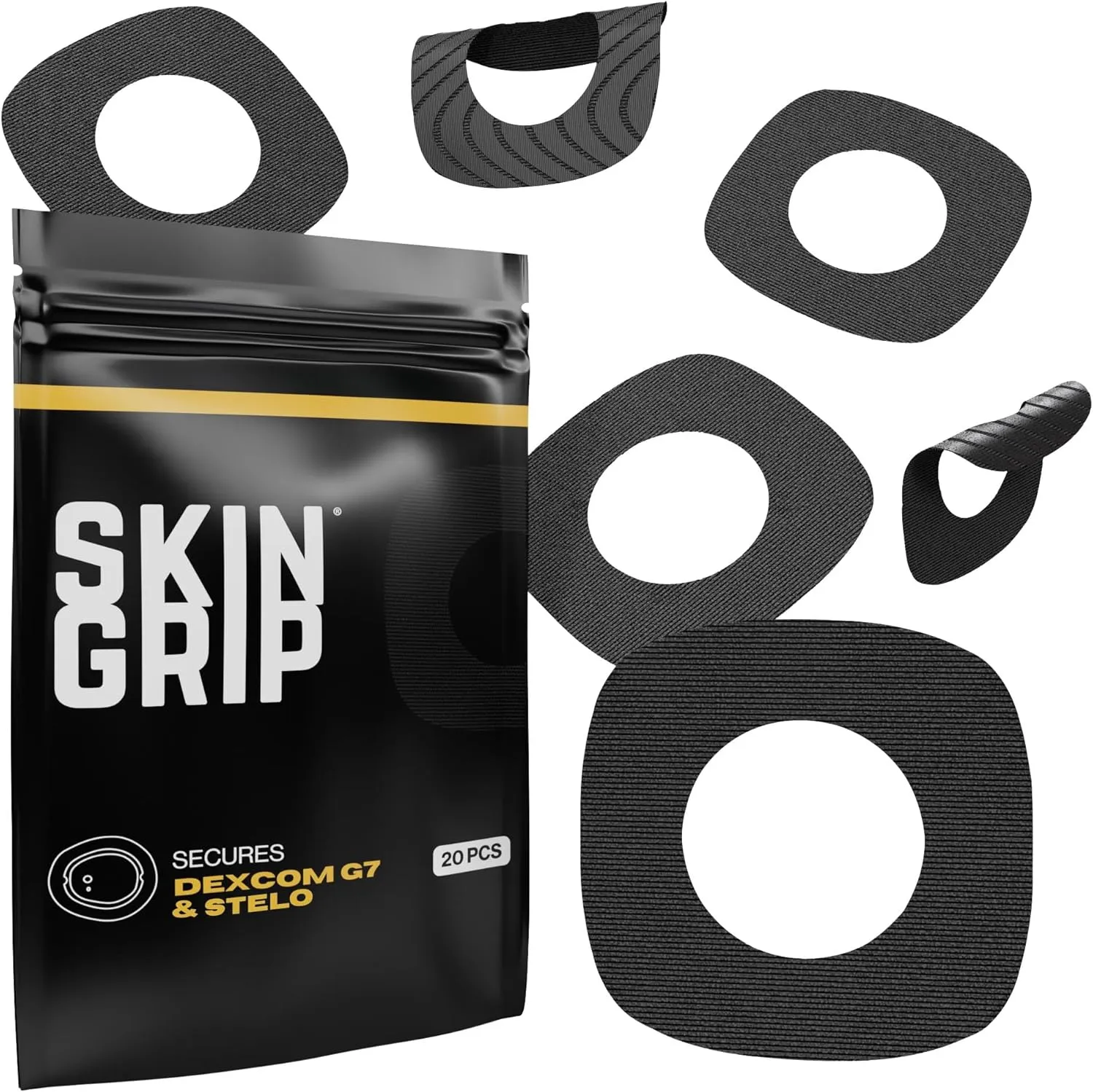 Skin Grip Adhesive Patches Compatible with Dexcom G7 & Stelo CGM with Cutout – Waterproof & Sweatproof Cover for Continuous Glucose Monitor Sensor, Stays Secure for 10-15 Days – 20 Pack, Black