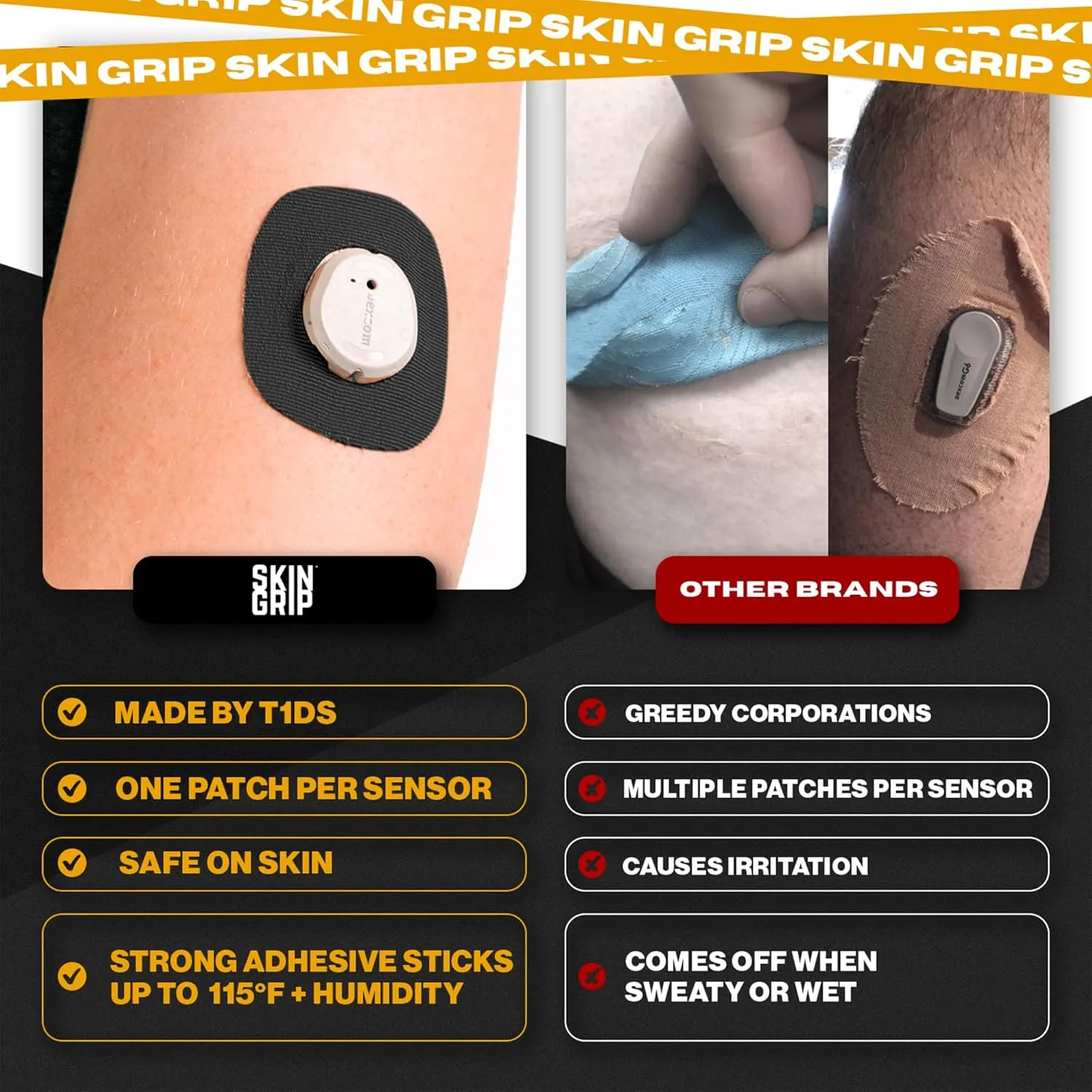 Skin Grip Adhesive Patches Compatible with Dexcom G7 & Stelo CGM with Cutout – Waterproof & Sweatproof Cover for Continuous Glucose Monitor Sensor, Stays Secure for 10-15 Days – 20 Pack, Black