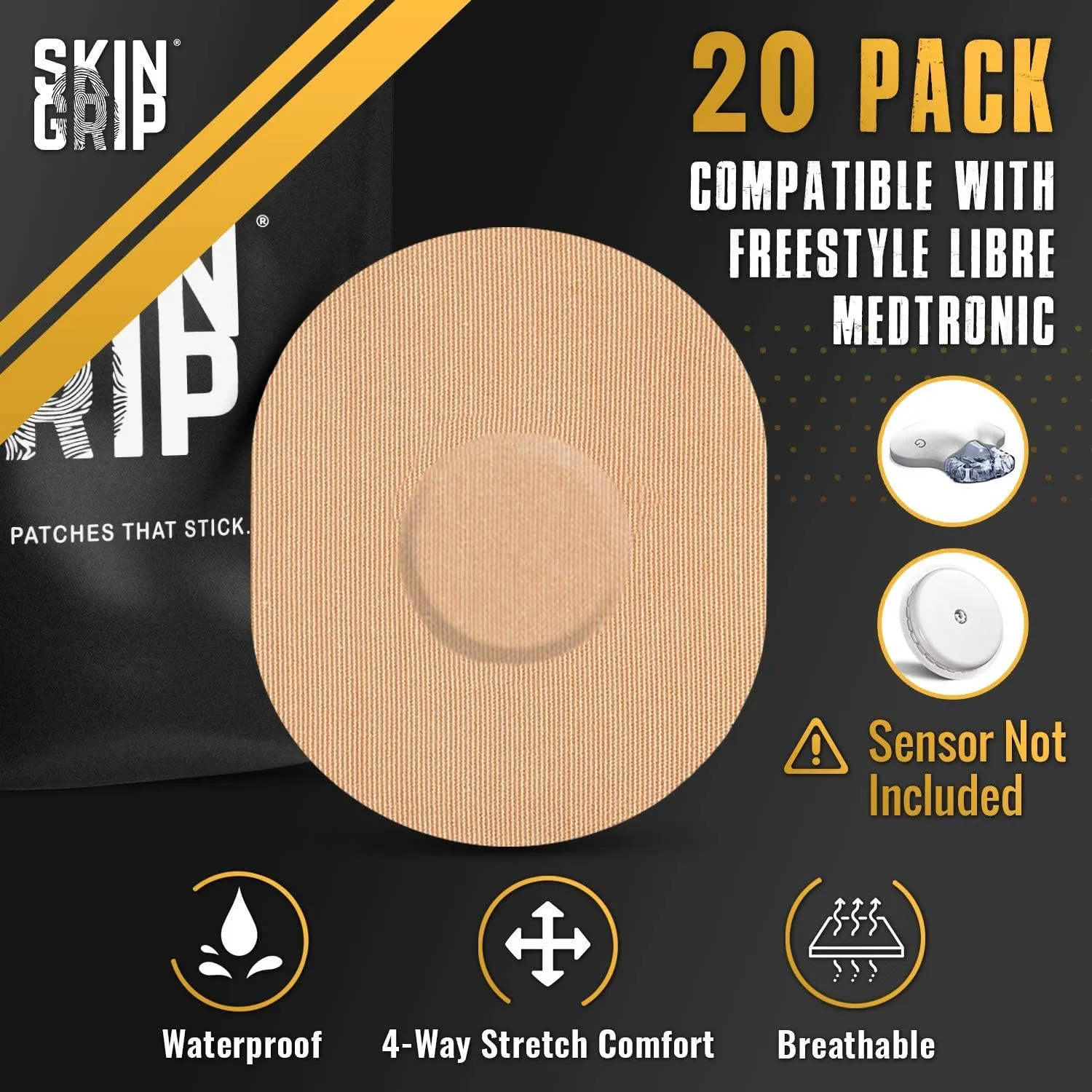 Skin Grip CGM Sensor Patches Compatible with Medtronic Guardian (20-Pack), Waterproof & Sweatproof for 10-14 Days, Pre-Cut Adhesive Tape, Continuous Glucose Monitor Patch, Tan
