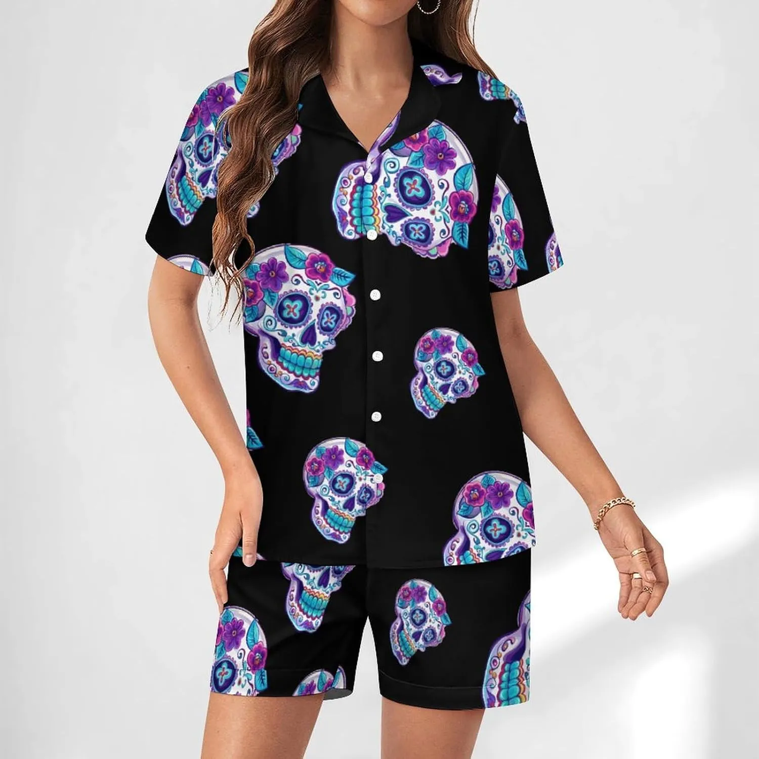 Skull Women's Satin Pajama Set Short Sleeve Button Down Sleepwear Loungewear Pj Set