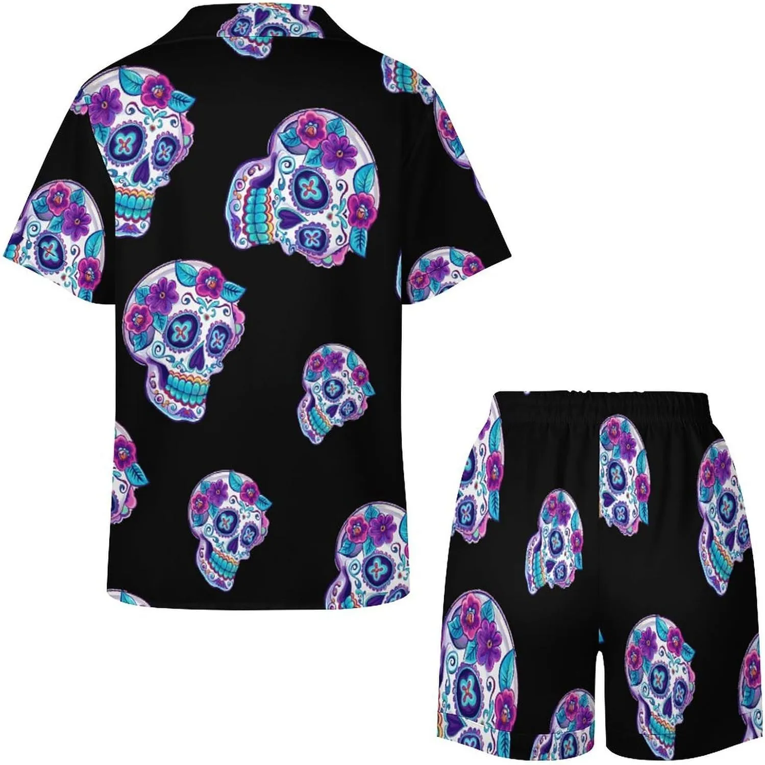 Skull Women's Satin Pajama Set Short Sleeve Button Down Sleepwear Loungewear Pj Set