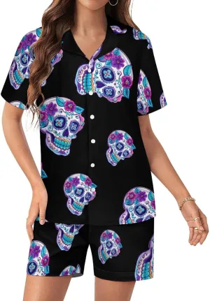 Skull Women's Satin Pajama Set Short Sleeve Button Down Sleepwear Loungewear Pj Set