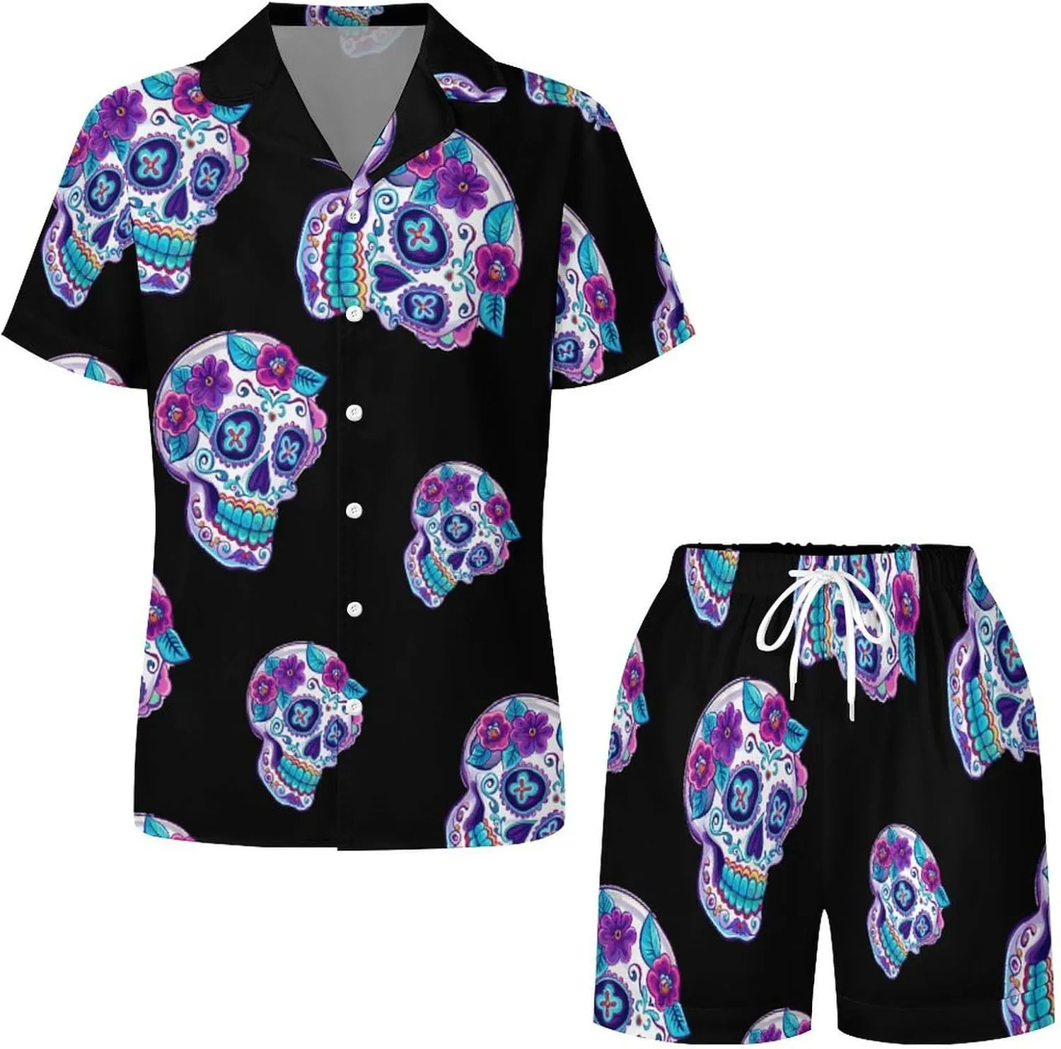 Skull Women's Satin Pajama Set Short Sleeve Button Down Sleepwear Loungewear Pj Set