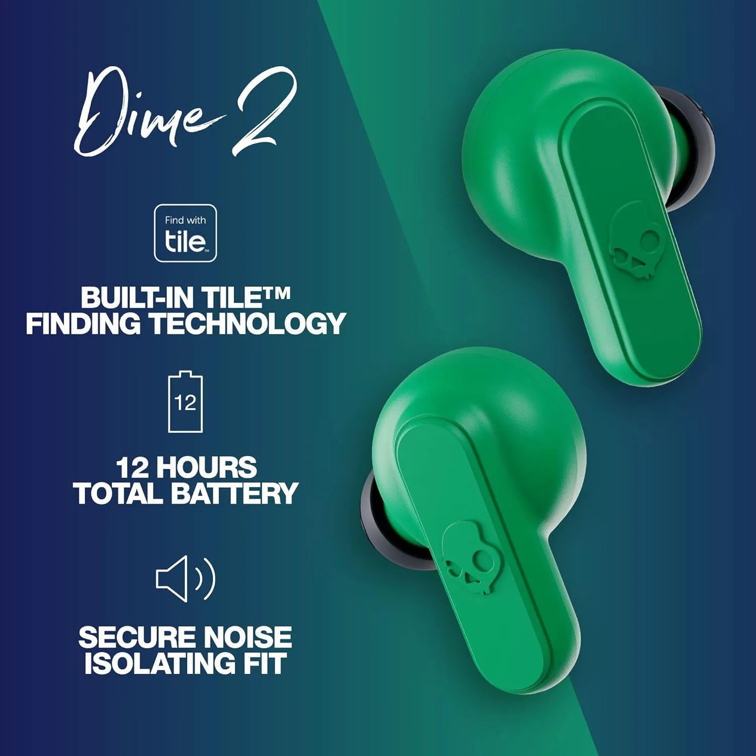 Skullcandy Dime 2 In-Ear Wireless Earbuds, 12 Hr Battery, Microphone, Works with iPhone Android and Bluetooth Devices - Dark Blue/Green