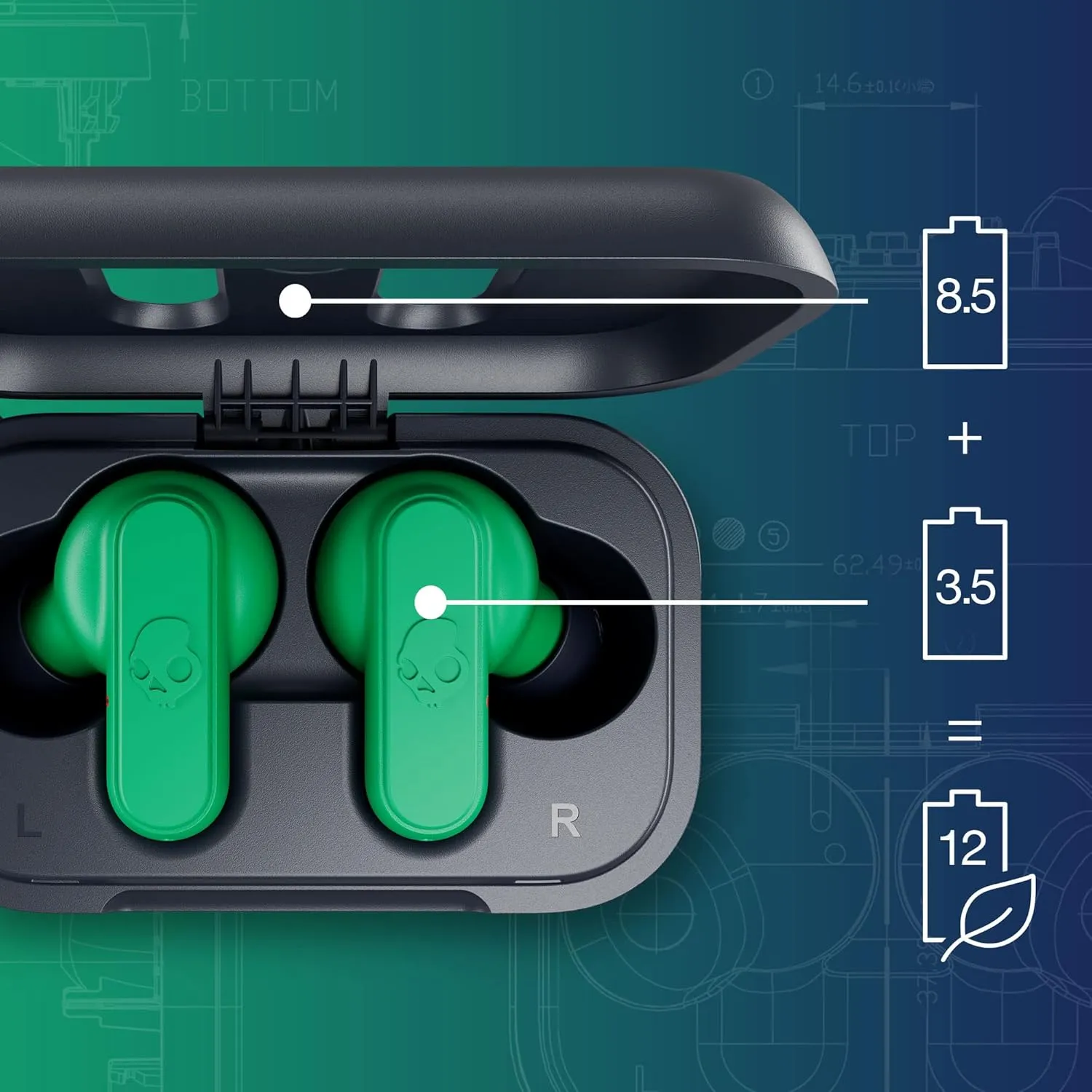 Skullcandy Dime 2 In-Ear Wireless Earbuds, 12 Hr Battery, Microphone, Works with iPhone Android and Bluetooth Devices - Dark Blue/Green