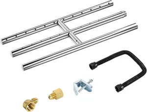 Skyflame 12" x 6" Rectangular Gas Fire Pit and Fireplace H-Burner with 3 Pipes - 304 Stainless Steel - for Indoor & Outdoor Use
