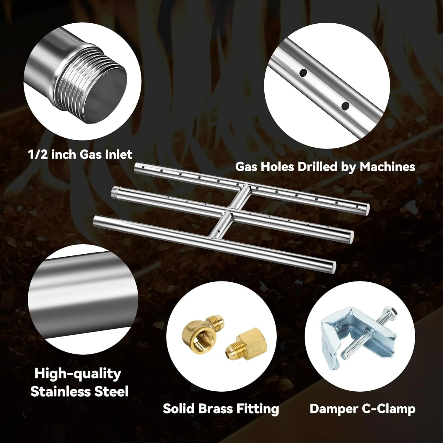 Skyflame 12" x 6" Rectangular Gas Fire Pit and Fireplace H-Burner with 3 Pipes - 304 Stainless Steel - for Indoor & Outdoor Use