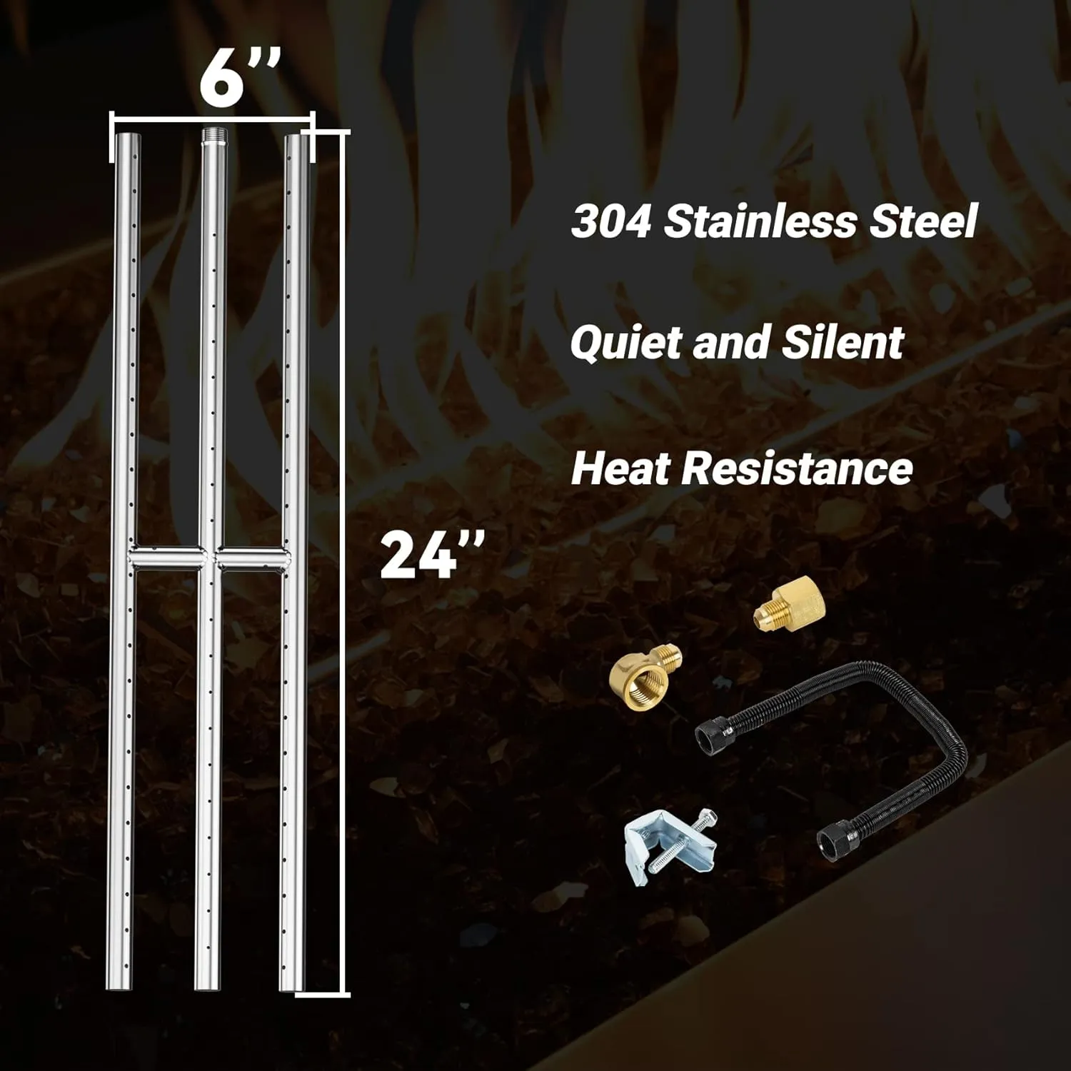 Skyflame 24" x 6" Rectangular Gas Fire Pit and Fireplace H-Burner with 3 Pipes - 304 Stainless Steel - for Indoor & Outdoor Use
