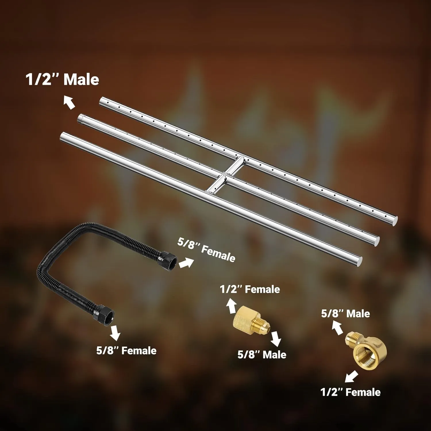 Skyflame 24" x 6" Rectangular Gas Fire Pit and Fireplace H-Burner with 3 Pipes - 304 Stainless Steel - for Indoor & Outdoor Use